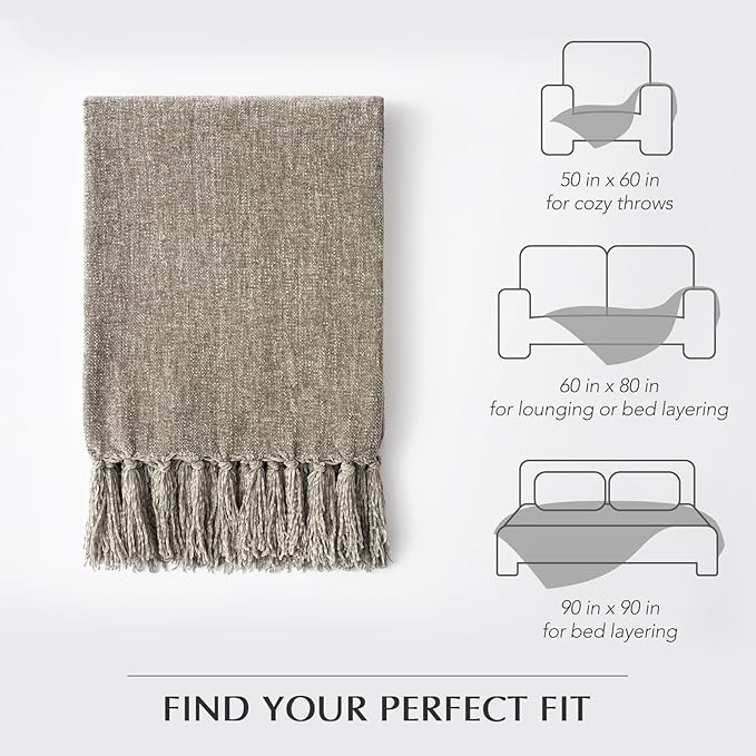 EVERGRACE Soft Chenille Throw Blanket for Couch, Cozy Plush Fuzzy Decorative Chenille Knit Throw Blanket with Tassels, Lightweight Blanket and Throws for Bed Sofa Gift Home Decor, Taupe 60"x80"