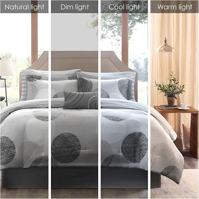 Madison Park Essentials Bed in a Bag Comforter, Vibrant Color Design All Season Down Alternative Cover with Complete Cotton Sheet Set, Twin(68"x86"), Knowles, Circular Grey, 7 Piece