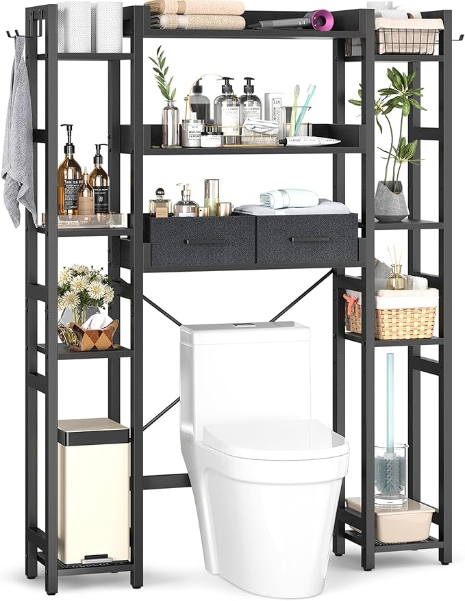Over The Toilet Storage with 2 Drawers - 11 Tier Bathroom Organizer Freestanding Space Saver Storage Rack with Adjustable Shelf Above Toilet Stand with 4 Hooks for Restroom, Laundry, Black