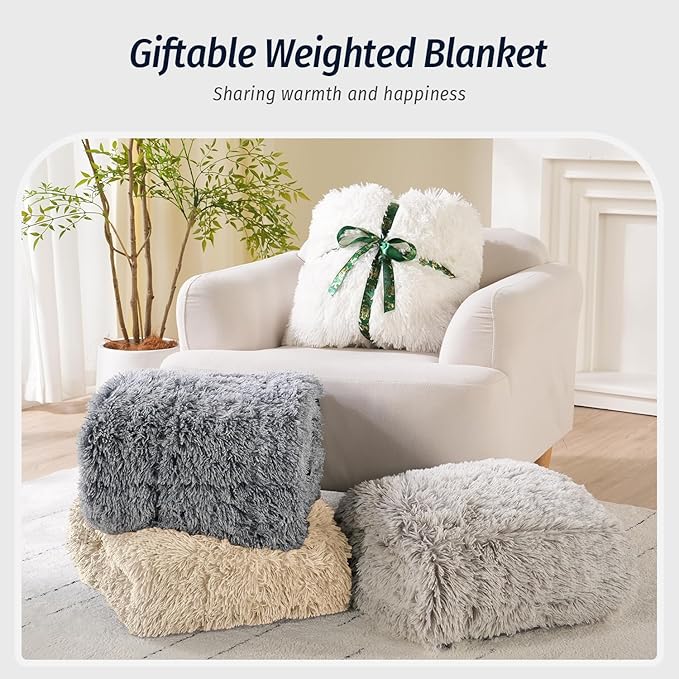 Wemore Shaggy Long Fur Faux Fur Weighted Blanket, Cozy and Plush Sherpa Long Hair Blanket for Adult 15lbs, Fluffy Fuzzy Sherpa Reverse Heavy Blanket for Bed, Couch, Khaki, 48 x 72 Inches