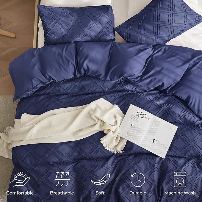 JELLYMONI Duvet Cover Queen Size Navy Blue - 3PCS Boho Duvet Cover Set Plaid Polyester Tufted Bohemian Jacquard Knit Textured Comforter Cover 90×90in Rhombic Geometric Pattern Zipper Corner Tie