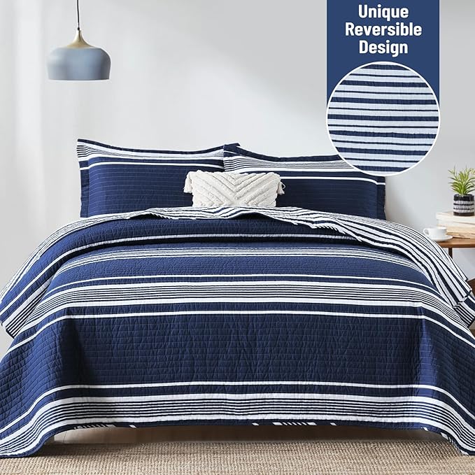 Striped King Size Quilt - 100% Cotton Navy Blue White Striped Modern Boys Men Unisex Quilt Bedspread for King Bed, Lightweight Reversible Quilted Bedding Set with 2 Pillow Shams for All Season