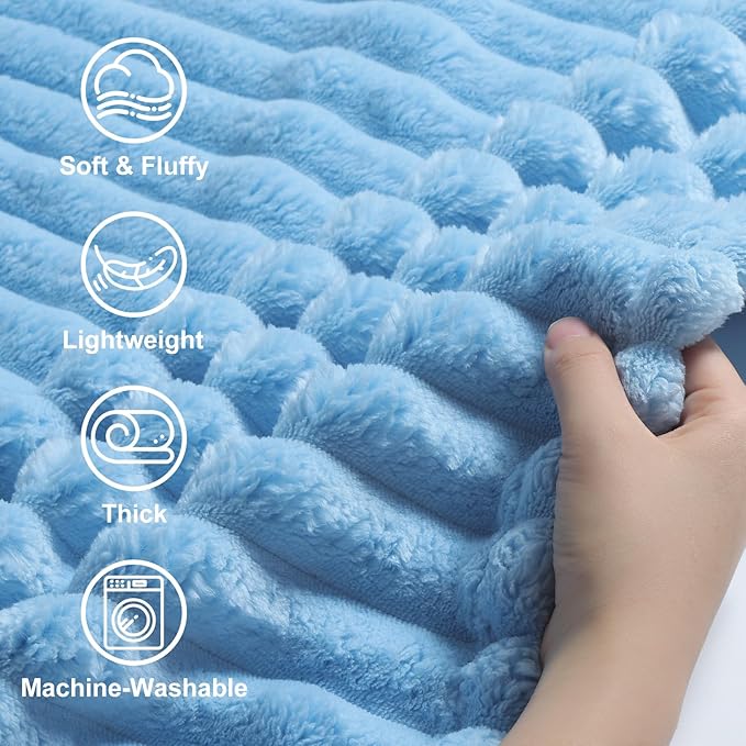 decorUhome Christmas Soft Fleece Blue Blanket King Size for Bed, Cozy Fluffy Plush Flannel Large Striped Throws for Couch Sofa, Lightweight Decorative Fuzzy Blanket for Woman, 108x90 Inches