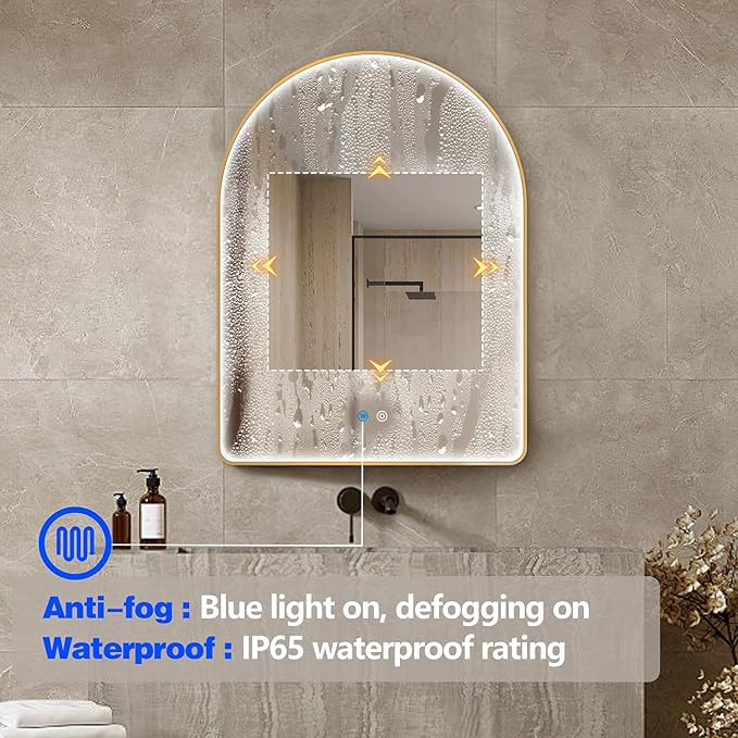 Niccy Arched LED Bathroom Mirror, 40"x30" Gold Framed Arch Wall Lighted Mirrors, Arching Frontlit Vanity-Mirror with Memory Function for Bathroom Bedroom, Defogger and 3 Color, Explosion-Proof
