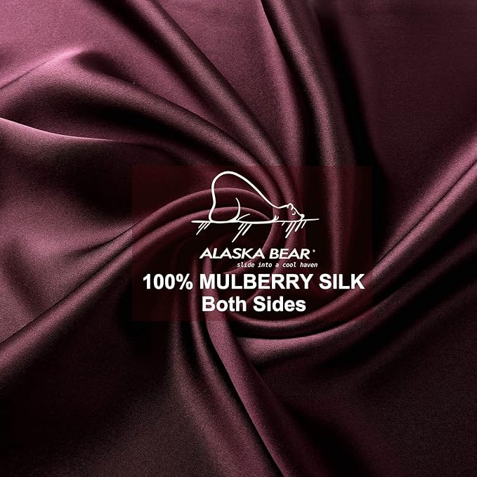 Queen Silk Pillowcase and Random Color Silk Scrunchie Gift Set ALASKA BEAR Hypoallergenic Pillow Cases for Acne Prolong Hairstyles, Eyelashes & Extensions (1pc, Red Burgundy)