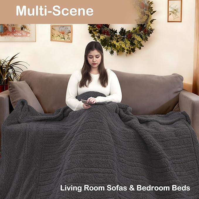 Electric Heated Blanket Queen 84×90 Dual Control, 6 Heating Settings & 1-10H Auto Off, Double Sided Plush Sherpa Ultra-Soft Warm Thick, Machine Washable, Fast Heating, Home Office Dark Gray
