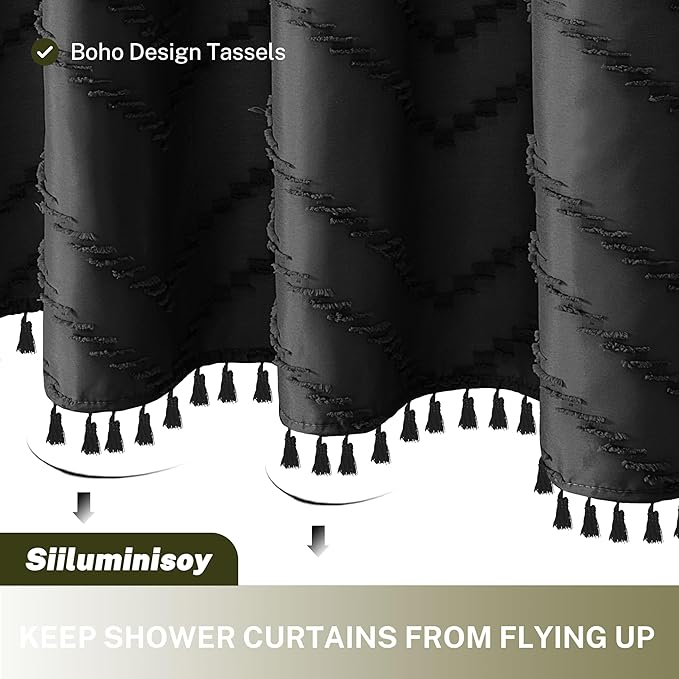 Boho Shower Curtain Black Tassel Woven Fabric Shower Curtain 54 x 78 Modern Farmhouse Textured Tufted Chevron Striped Minimalist Bathroom