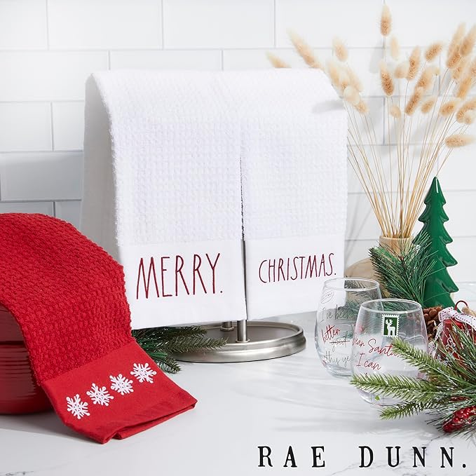 Rae Dunn Set of Hand Towels for Kitchen and Bathroom, 100% Cotton, Embroidered Dish Towels, Decorative Hand Towels, Christmas, 3 Pack