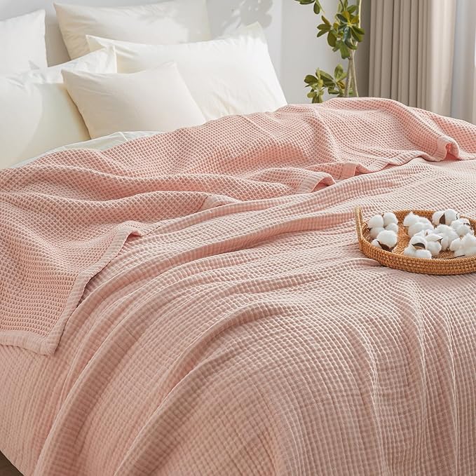 PHF 100% Cotton Waffle & Muslin Blanket Twin Size, Soft Breathable Luxury 400GSM Versatile Reversible Bedding for Bed, Great for Layering in Cold Weather, Home Decor Gift, 66" x 90", Rose Smoke