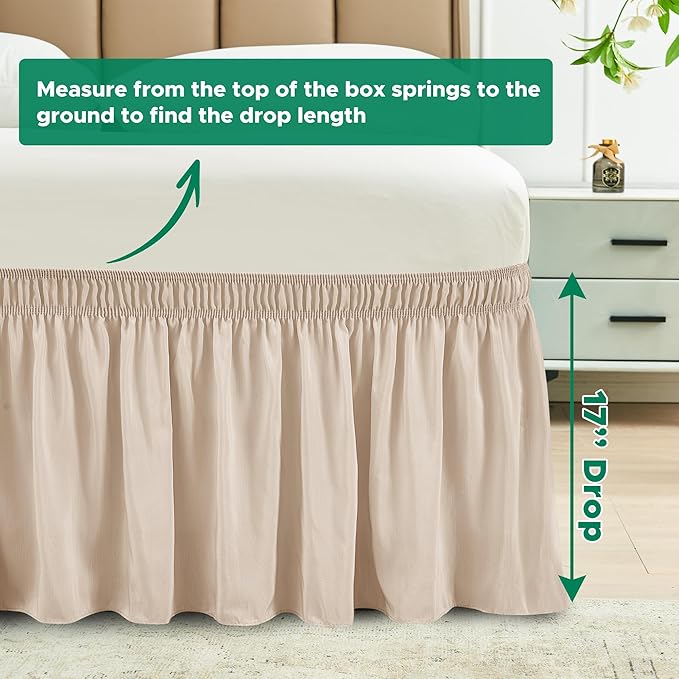 Biscaynebay Wrap Around Bed Skirts for King & Cal King Beds 17" Long Drop, Sand Adjustable Elastic Dust Ruffles Easy Fit Wrinkle Resistant Silky Luxurious Fabric Machine Washable