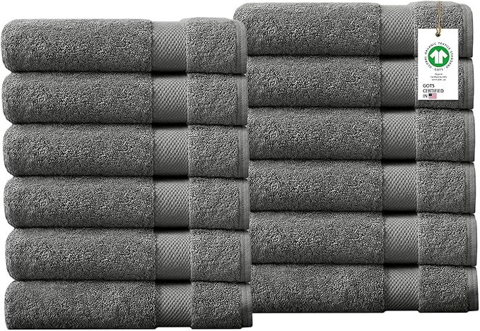 Delara 100% Organic Cotton Towels 650 GSM Plush Feather Touch Quick Dry Hand Towel, Pack of 12 GOTS Certified, Oeko-Tex Green Certified, Organic Cotton Hand Towel, 20"X30"