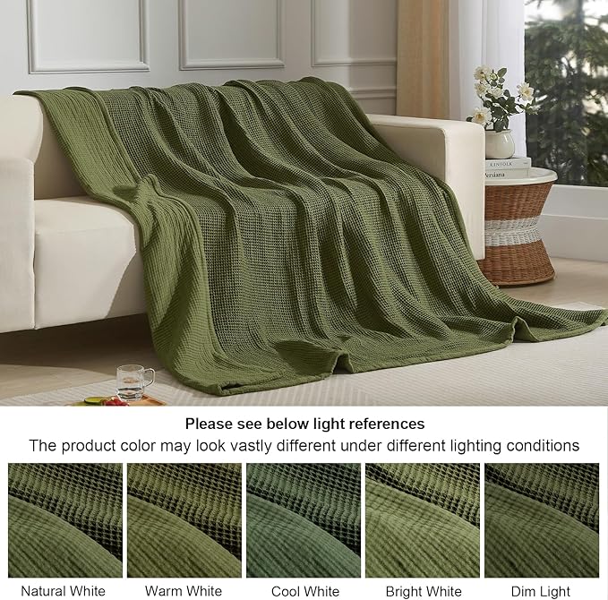 PHF 100% Cotton Waffle & Muslin Blanket Queen Size, Soft Breathable Luxury 400GSM Versatile Reversible Bedding for Bed, Great for Layering in Cold Weather, Home Decor Gift, 90" x 90", Olive Green