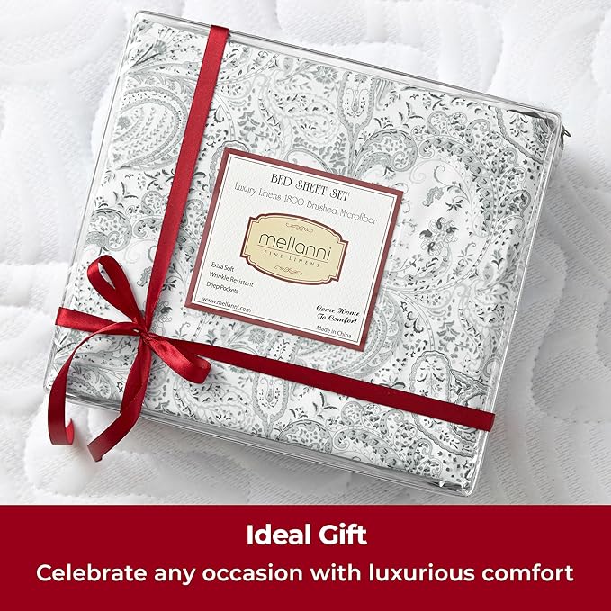 Mellanni California King Sheets Set - 4 PC Iconic Collection Bedding - Hotel Luxury, Extra Soft, Cooling Bed Sheets - Wrinkle, Fade, Stain Resistant (Cal King, Paisley Gray)