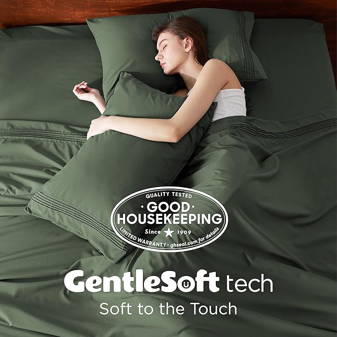 Bedsure Deep Pocket Queen Sheets Set - Fits Mattresses Up to 21 Inches Thick - 4 Piece GentleSoft Bed Sheets, Moisture Wicking, Soft & Cooling Bedsheet & Pillowcases, Easy & Secure Fit, Olive Green
