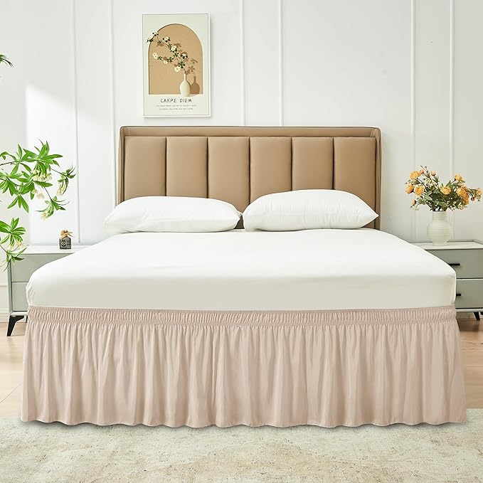 Biscaynebay Wrap Around Bed Skirts for King & Cal King Beds 16" Drop, Sand Adjustable Elastic Dust Ruffles Easy Fit Wrinkle Resistant Silky Luxurious Fabric Machine Washable