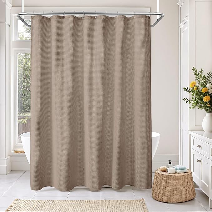 Extra Long Waffle Shower Curtain - Beige Cotton Texture Fabric Heavyweight Shower Curtain for Bathroom,72Wx90L