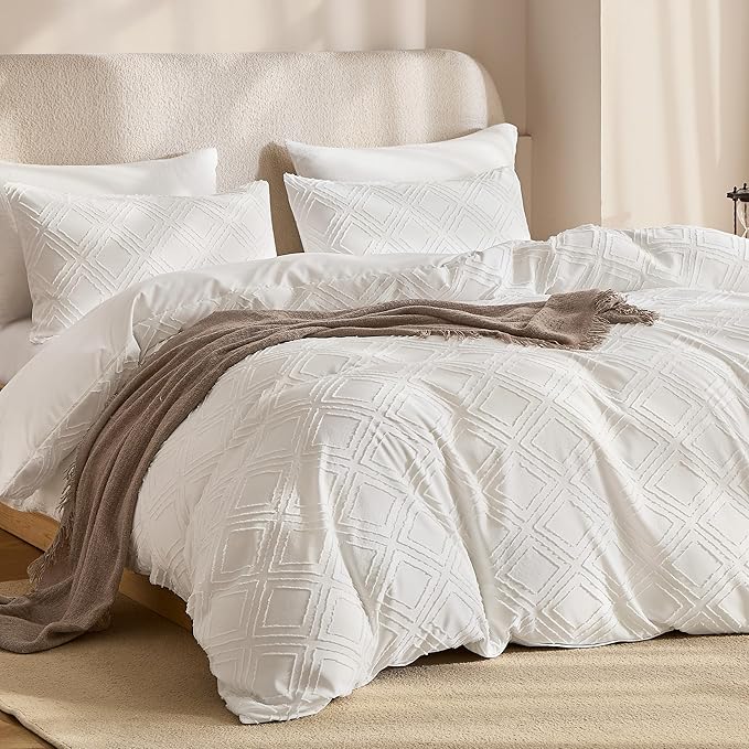 JELLYMONI Duvet Cover King Size White - 3PCS Boho Duvet Cover Set Plaid Polyester Tufted Bohemian Jacquard Knit Textured Comforter Cover 104×90in Rhombic Geometric Pattern Zipper Corner Tie