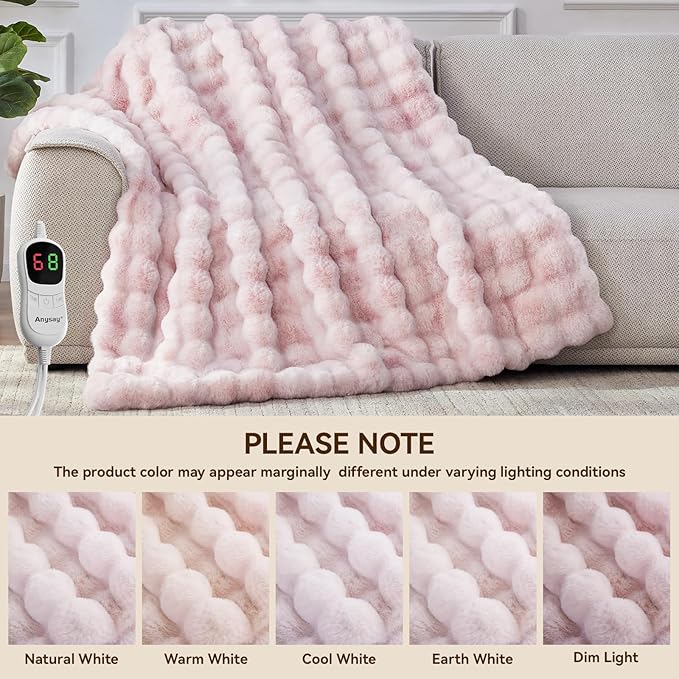 Heated Blanket Throw with 1/2/4/6/8 Hours Auto-Off 10 Heat Level, 72'' * 84'' Cozy Faux Rabbit Fur Bubble Electric Blanket with Overheat Protection(Tie-Dye Pink)