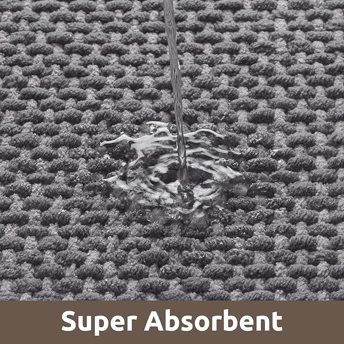 AMOAMI Chenille Bath Mat Super Absorbent Bathroom Mat Quick Dry Low Pile Bath Mats for Bathroom Washable Rubber Backed Bathroom Runners Fit Under Door, Front of Bathtub, Darkgrey&LIGHTGREY 17"x59"