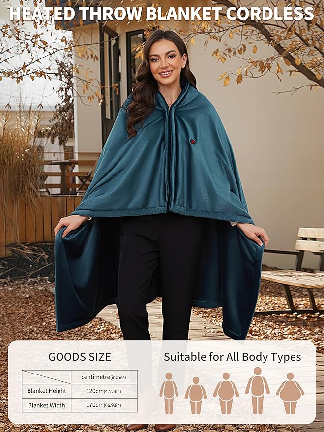 Electric Heated Blanket Battery Operated, Portable Heated Shawl for Neck and Shoulders and Back, Heating Blanket with Zipper and Pockets, 20000mAh, 3 Heating Levels, up to 8 Hours