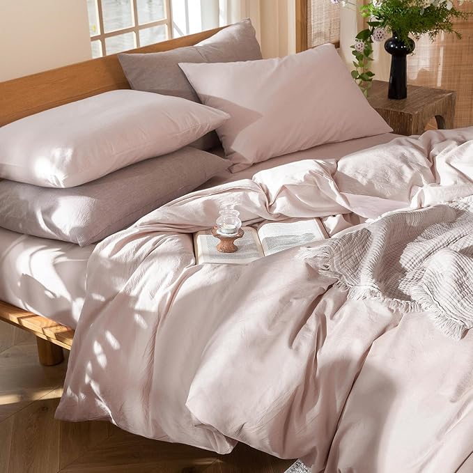 MooMee Bedding Duvet Cover Set 100% Washed Cotton Linen Like Textured Breathable Durable Soft Comfy (Heathered Greyish Pink, Cal King 104"x98")