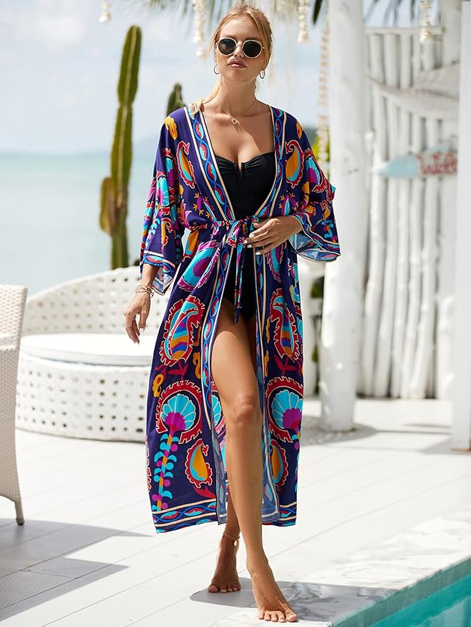 Women Casual Open Front Lightweight Cardigan Long Beach Kimono Cover Up