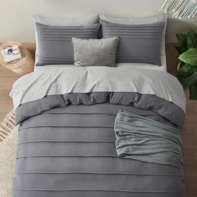 Oli Anderson Grey Duvet Cover Twin Size - Pleated Twin Duvet Cover, 2PCS Soft and Breathable Textured Bedding Set with Zipper Closure(Grey,68"x90")