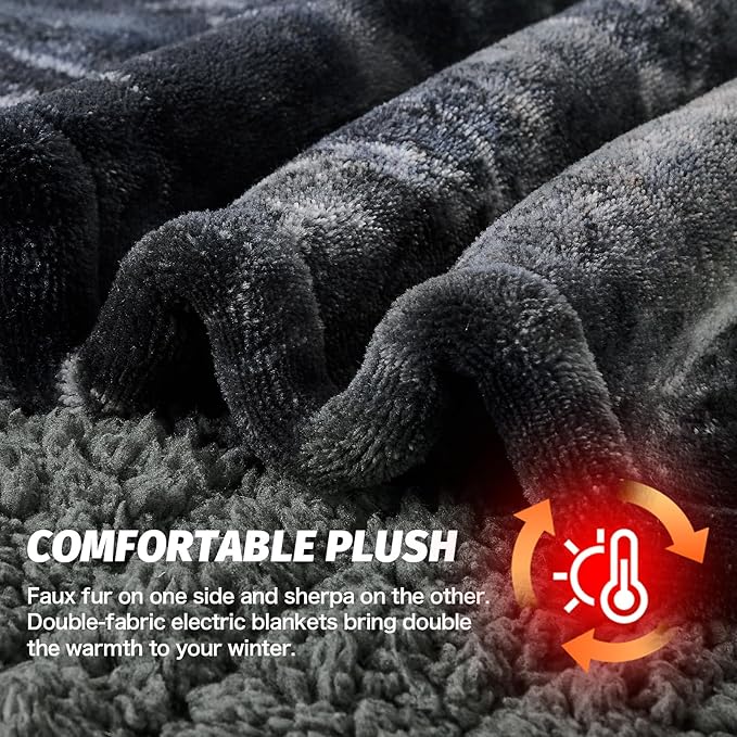 greenoak Heated Electric Blanket Throw, Faux Fur Sherpa Heating Blanket for Sofa Bed, Warm Winter Gifts for Women/Men, Heater Lap Blankets 5-Position Timer &10 Heating Levels 50''*60" Black