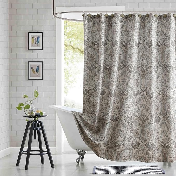 Extra Long Fabric Shower Curtain, Taupe and Blue Paisley Print Shower Curtains for Bathroom, 72" W x 84" H