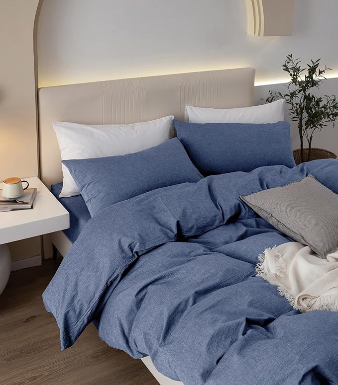 JIYUAN 100% Washed Cotton Duvet Cover Set 3 Pieces Oversized Queen, 1 Duvet Cover 98x98 Inches(Comforter Not Included) and 2 Pillowcases,Linen Like Comfy and Breathable,Heathered Blue