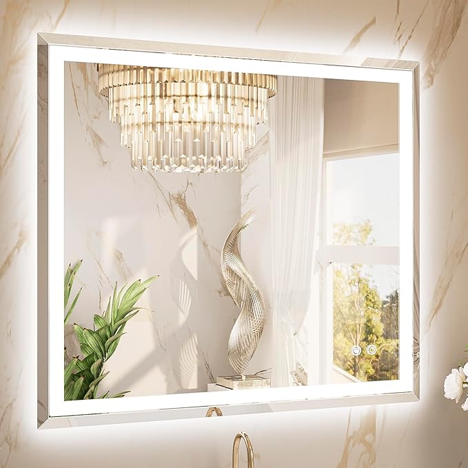 TETOTE 42 x 36 Inch Led Lighted Bathroom Mirror with Lights, Beveled Front and Backlit Extra-Bright Light up Mirror for Bathroom Wall, 3-Color Dimmable, Defogging, Tempered Glass, Waterproof