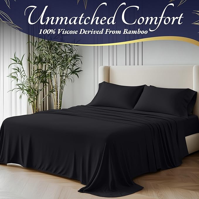 DECOLURE 100% Viscose Derived from Bamboo Sheets Queen Size 4pcs - Ultra Soft & Luxuriously Cooling, 17" Deep Pocket, Double Stitching, Perfect for Hot Sleepers - Queen Bed Sheets (Charcoal)