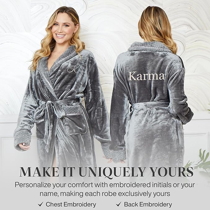 Lotus Linen Plush Robes for Women - Soft Bathrobe, Custom Monogram, Warm Fleece Robe with Pockets