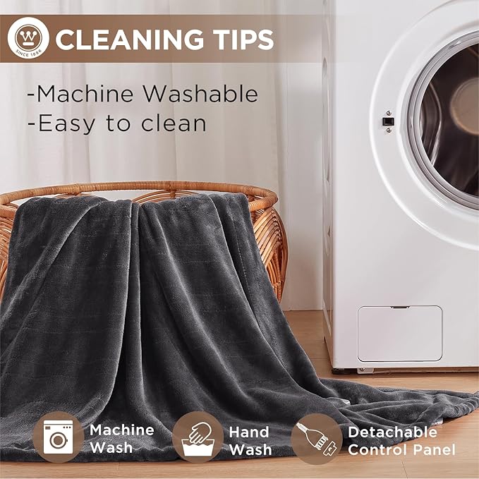Westinghouse Heated Blanket, Electric Throw Blanket with 10 Heating Levels, 12 Hours Auto Off, Overheat Protection, Machine Washable, Flannel (Twin, 62x84 Inches, Charcoal)