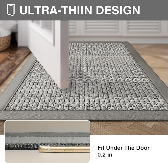 Non Slip Ultra Thin Bathroom Rugs Mat 20x32, Bath Mat Quick Dry Absorbent Bathroom Mat Floor Rubber Backed Fit Under Door, Woven Washable Bath Rugs, Gray