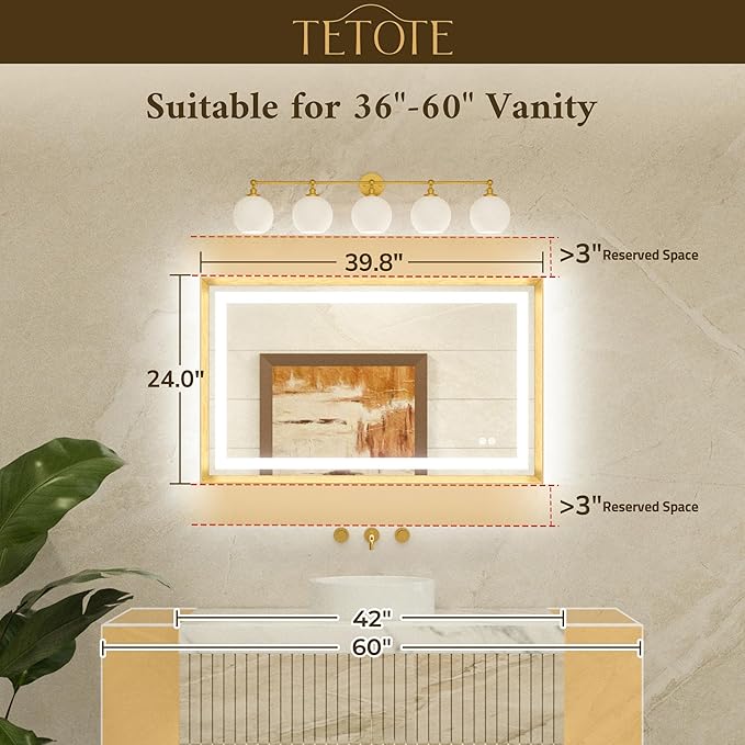 TETOTE 40 x 24 Led Mirror Brushed Bright Nickel Metal Frame Frontlit & Backlit Vanity Mirror Anti-Fog Stepless Dimmable 3 Colors White/Warm/Natural Wall Mirror with Lights Wall-Mounted