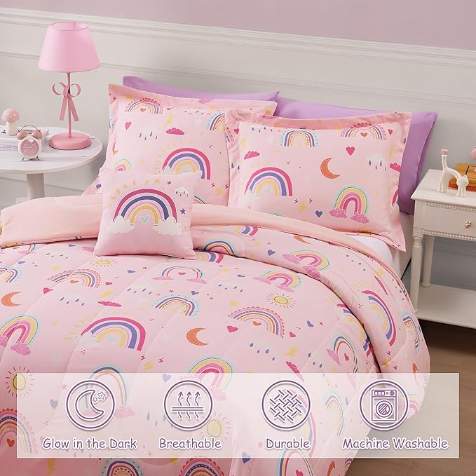 Glow in The Dark Twin Size Comforter Set for Girls, Pink Rainbow Bedding Set for Kids 1 Comforter, 1 Decor Pillow, 1 Pillow Sham