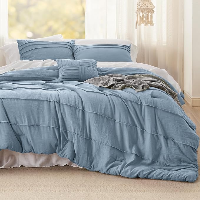 Bedsure King Comforter Set - 4 Pieces Pinch Pleat Bed Set, Light Blue Boho Bedding for All Season, 1 Soft Comforter, 2 Pillowcases, 1 Decorative Pillow
