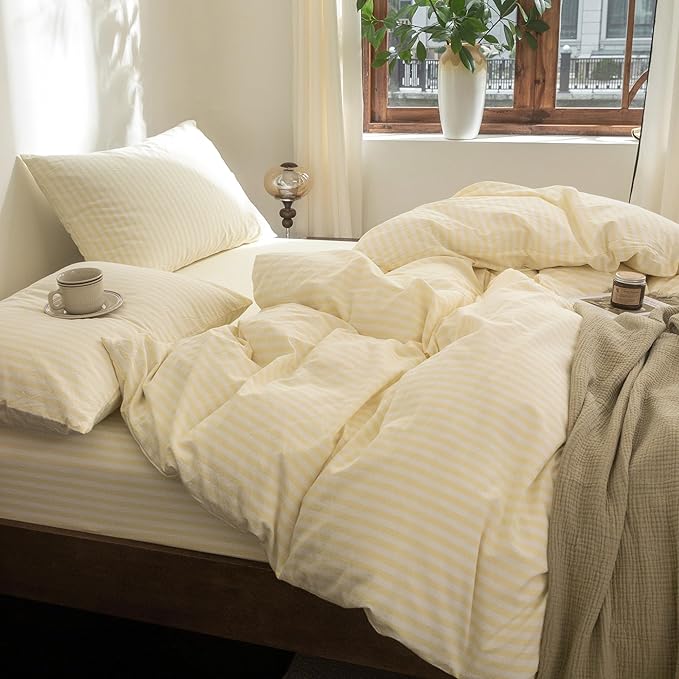FOSSA Striped Duvet Cover Set 100% Washed Cotton Linen Feel Super Soft Breathable Cozy 3 Pieces Bedding Sets Pastel Yellow Classic Stripes Queen