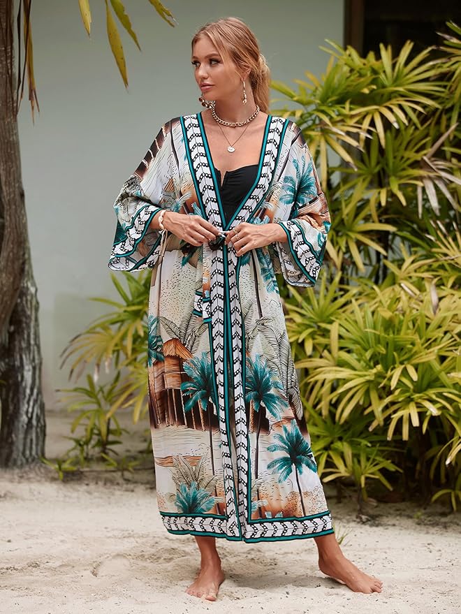 Women Casual Open Front Lightweight Cardigan Long Beach Kimono Cover Up