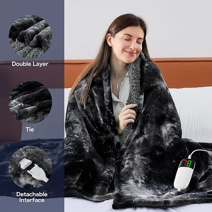 greenoak Heated Electric Blanket Throw, Faux Fur Sherpa Heating Blanket for Sofa Bed, Warm Winter Gifts for Women/Men, Heater Lap Blankets 5-Position Timer &10 Heating Levels 50''*60" Black