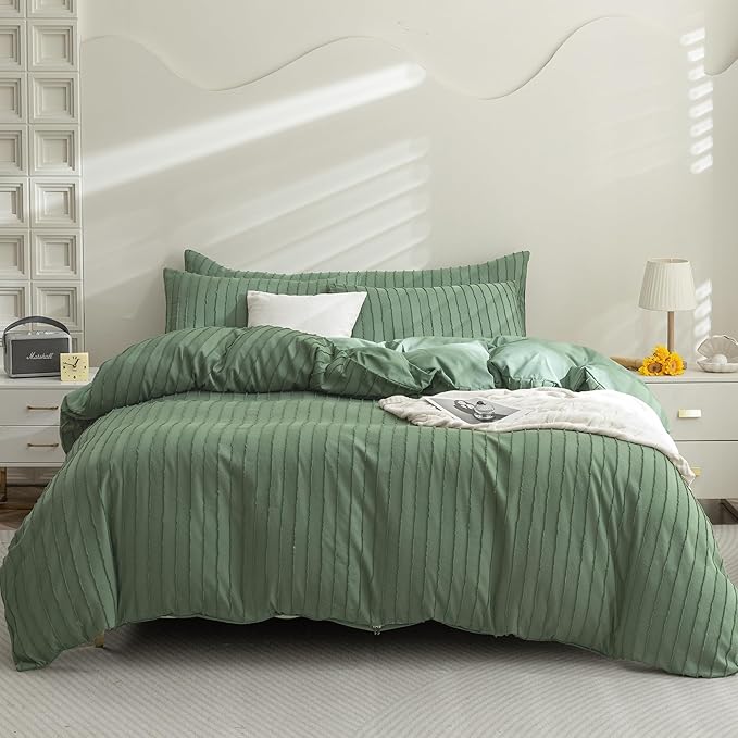 JELLYMONI Duvet Cover Twin Size Green - 3PCS Boho Striped Duvet Cover Set Polyester Tufted Bohemian Textured Comforter Cover 68×90in with Corner Ties & Zipper and 2 Pillowcases