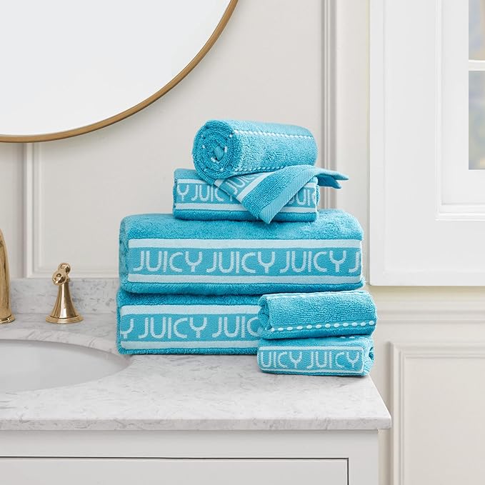 Juicy Couture Luxurious Plush Stripe 6-Piece Bath Towel Set - Pool Blue 100% Cotton - Soft and Stylish Towel Set for Ultimate Comfort and Elegance