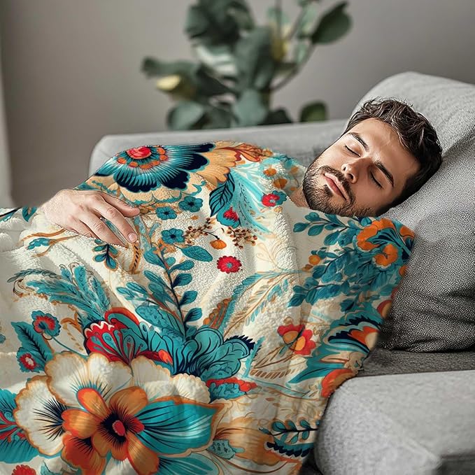 Flowers Blanket Throw, Turquoise Orange Hues Leaves Throw Blanket for Women Men, Soft Lightweight Flannel Fabric, Washable No-Pilling, 40x50 inches