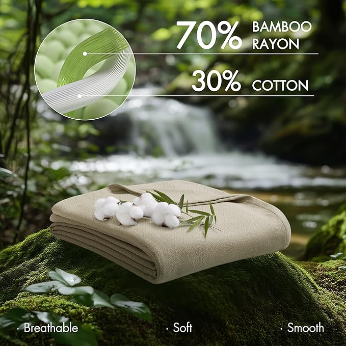 Madison Park Queen Size Blanket, 70% Rayon Bamboo-Based, 30% Cotton, Breathable for Hot Sleepers Menopause, Ultra Soft and Snag-Resistant, Summer Blanket for Bed or Couch, Queen 90"x90" Khaki