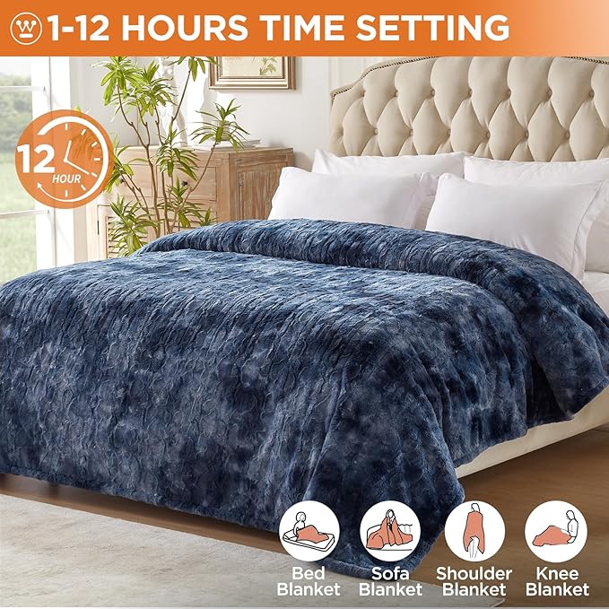 Westinghouse Electric Blanket Full, Faux Fur Heated Blanket with 10 Heating Levels & 1-12 Hours Auto Off, Soft Cozy Sherpa Heated Blanket Washable Blanket (80" x 84" Full Size, Indigo)