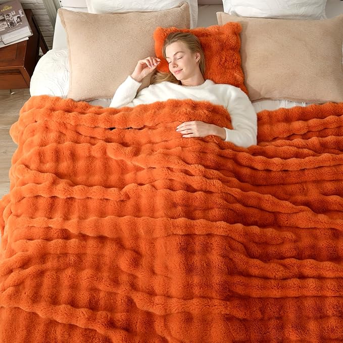 Cozy Bliss Faux Fur Throw Blanket for Couch, Bubble Plush Blanket King Size, Fuzzy Soft & Thick Blanket for Fall Bed Sofa Living Room, 108x90 Inches Halloween Burnt Orange