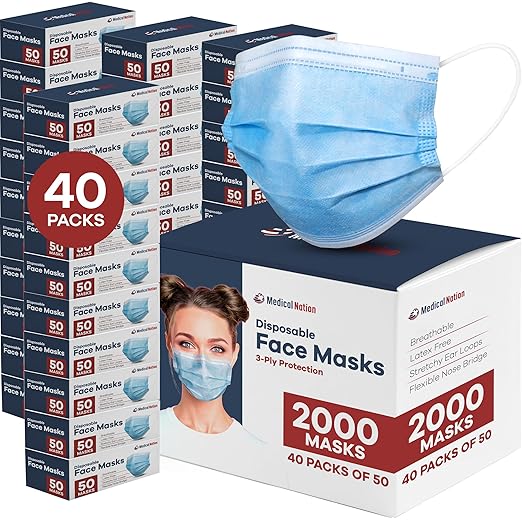 2000 Pcs Blue Disposable Face Masks | Bulk 3 Ply Facemask Pack - Soft Breathable Latex Free Non-Woven Dust Mask with Flexible Nose Bridge & Stretchy Ear Loops (40 Packs x 50)