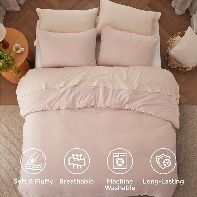 Bedsure Queen Size Comforter Set, Light Pink Soft Prewashed Bedding for All Seasons, 3 Pieces GentleSoft™ Warm Down Alternative Bed Set, 1 Lightweight Comforter (90"x90") and 2 Pillowcases (20"x26")