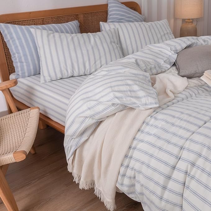 BESTOUCH Duvet Cover Set 100% Washed Cotton Linen Feel Super Soft Comfortable Chic Lightweight 3 PCs Home Bedding Set White & Cornflower Blue Stripes Queen